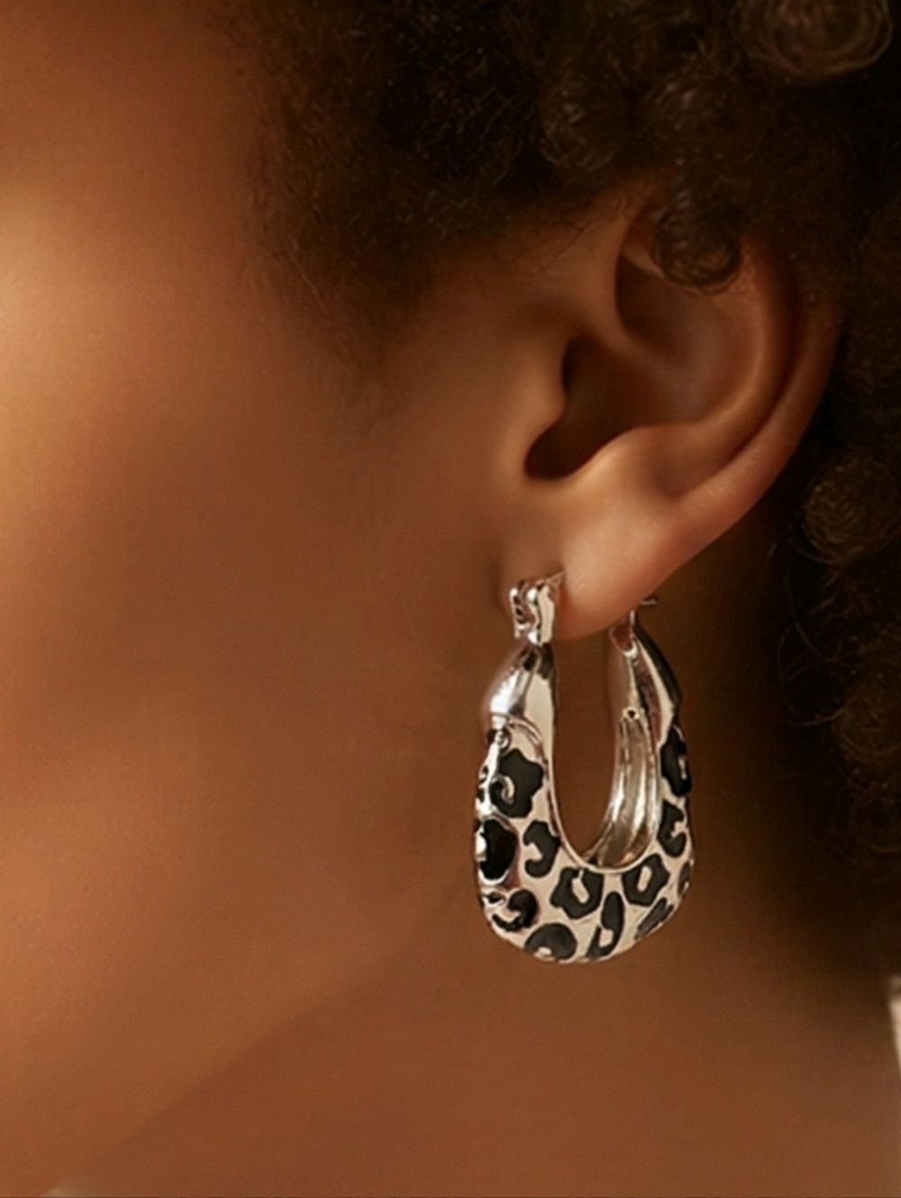 Silver Leopard Print Square Hoop Earrings Chunky Statement Enamel Edgy Glam Chic
